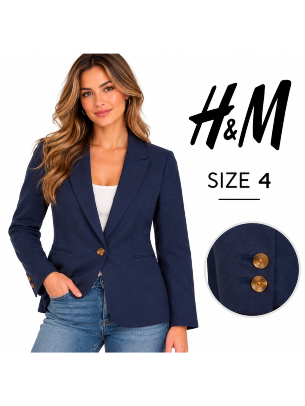H&M Navy Blue Blazer Jacket Size 4 office Preppy